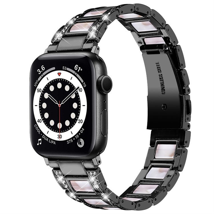 PRAGUS For Apple Watch Series 10 46mm / Ultra 2 Ultra 49mm / 9 8 7 45mm / SE (2023) SE (2022) SE 6 5 4 44mm / 3 2 1 42mm  Resin Stainless Steel Rhinestone Decor Smart Watch Band - Black / Pink Mix