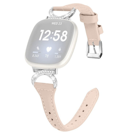 PRAGUS For Fitbit Versa 3 / Versa 4 / Sense / Sense 2 Watch Band Rhinestone Genuine Cowhide Leather Strap with Silver Buckle - Apricot