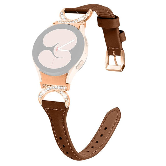 PRAGUS For Samsung Galaxy Watch6 40mm 44mm / Watch6 Classic 43mm 47mm / Watch 5 40mm 44mm / Watch4 40mm 44mm Leather Watch Band Rhinestone Wrist Strap with Rose Gold Buckle - Brown