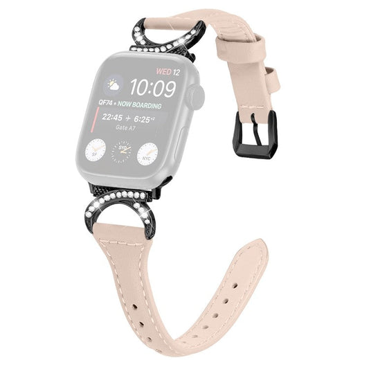 PRAGUS For Genuine Cowhide Leather Watch Band for Apple Watch Series 10 42mm / 9 8 7 41mm / SE (2023) SE (2022) SE 6 5 4 40mm / 3 2 1 38mm Rhinestone Decor Strap with Black Buckle - Apricot