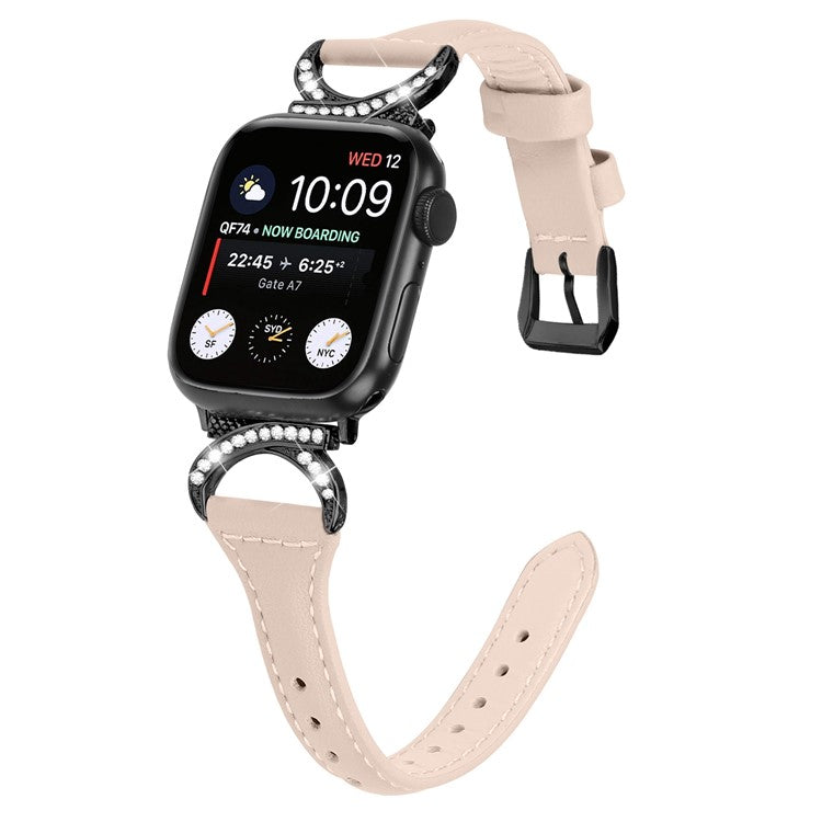 PRAGUS For Genuine Cowhide Leather Watch Band for Apple Watch Series 10 42mm / 9 8 7 41mm / SE (2023) SE (2022) SE 6 5 4 40mm / 3 2 1 38mm Rhinestone Decor Strap with Black Buckle - Apricot