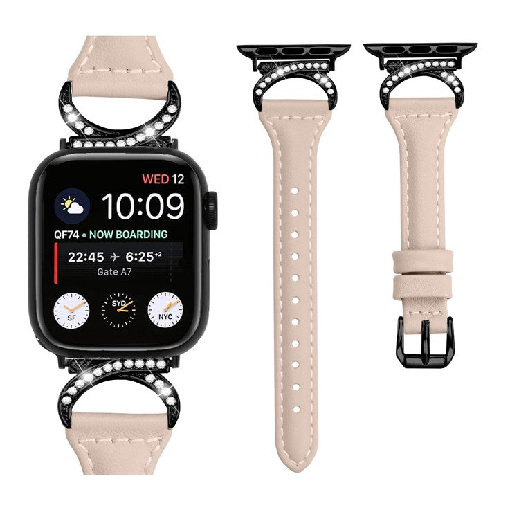 PRAGUS For Genuine Cowhide Leather Watch Band for Apple Watch Series 10 42mm / 9 8 7 41mm / SE (2023) SE (2022) SE 6 5 4 40mm / 3 2 1 38mm Rhinestone Decor Strap with Black Buckle - Apricot