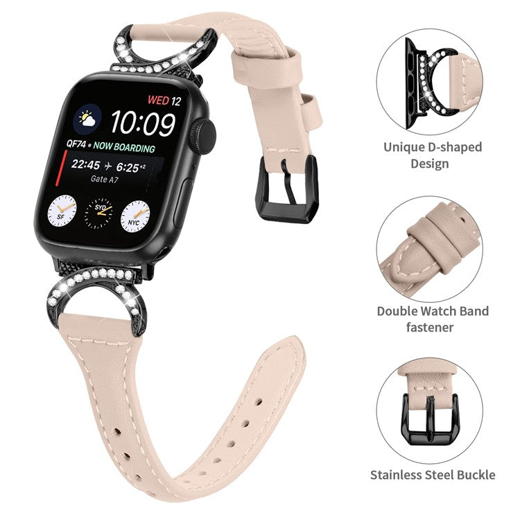 PRAGUS For Genuine Cowhide Leather Watch Band for Apple Watch Series 10 42mm / 9 8 7 41mm / SE (2023) SE (2022) SE 6 5 4 40mm / 3 2 1 38mm Rhinestone Decor Strap with Black Buckle - Apricot