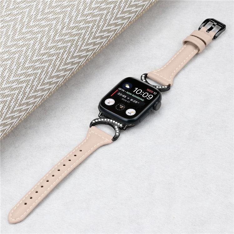 PRAGUS For Genuine Cowhide Leather Watch Band for Apple Watch Series 10 42mm / 9 8 7 41mm / SE (2023) SE (2022) SE 6 5 4 40mm / 3 2 1 38mm Rhinestone Decor Strap with Black Buckle - Apricot