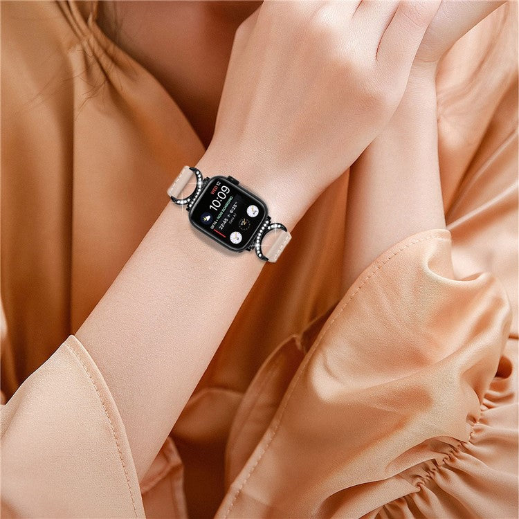 PRAGUS For Genuine Cowhide Leather Watch Band for Apple Watch Series 10 42mm / 9 8 7 41mm / SE (2023) SE (2022) SE 6 5 4 40mm / 3 2 1 38mm Rhinestone Decor Strap with Black Buckle - Apricot