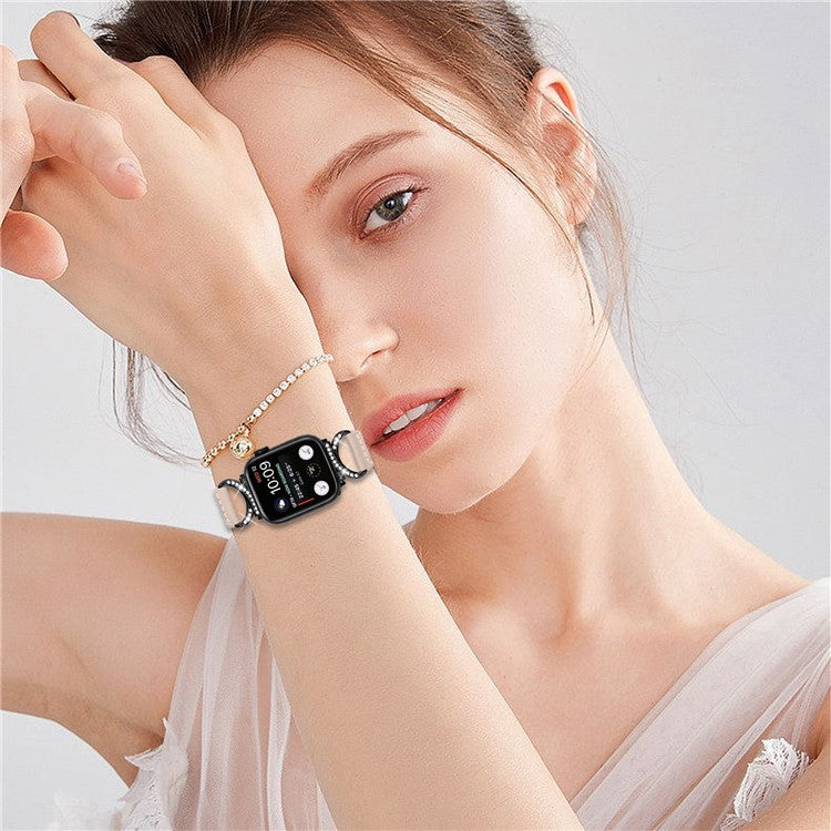 PRAGUS For Genuine Cowhide Leather Watch Band for Apple Watch Series 10 42mm / 9 8 7 41mm / SE (2023) SE (2022) SE 6 5 4 40mm / 3 2 1 38mm Rhinestone Decor Strap with Black Buckle - Apricot