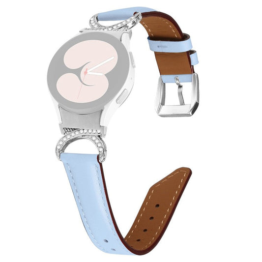 PRAGUS For Samsung Galaxy Watch6 40mm 44mm / Watch6 Classic 43mm 47mm / Watch 5 40mm 44mm / Watch4 40mm 44mm Replacement Split Leather Strap Rhinestone D-shape Connector Wrist Band with Silver Buckle - Blue
