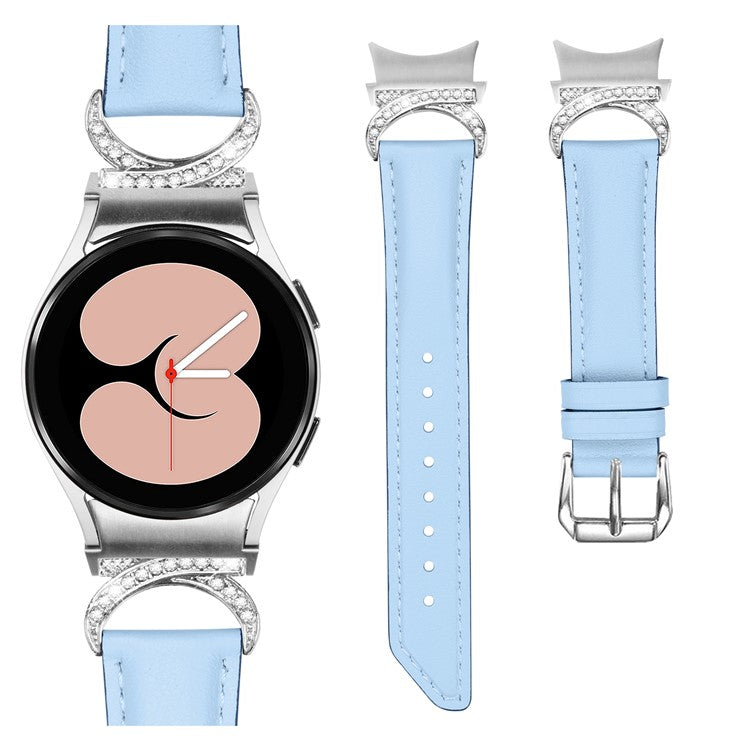 PRAGUS For Samsung Galaxy Watch6 40mm 44mm / Watch6 Classic 43mm 47mm / Watch 5 40mm 44mm / Watch4 40mm 44mm Replacement Split Leather Strap Rhinestone D-shape Connector Wrist Band with Silver Buckle - Blue
