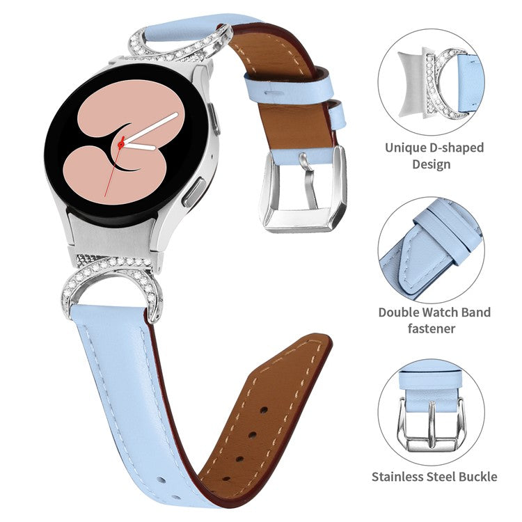 PRAGUS For Samsung Galaxy Watch6 40mm 44mm / Watch6 Classic 43mm 47mm / Watch 5 40mm 44mm / Watch4 40mm 44mm Replacement Split Leather Strap Rhinestone D-shape Connector Wrist Band with Silver Buckle - Blue