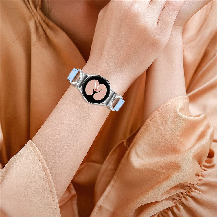 PRAGUS For Samsung Galaxy Watch6 40mm 44mm / Watch6 Classic 43mm 47mm / Watch 5 40mm 44mm / Watch4 40mm 44mm Replacement Split Leather Strap Rhinestone D-shape Connector Wrist Band with Silver Buckle - Blue