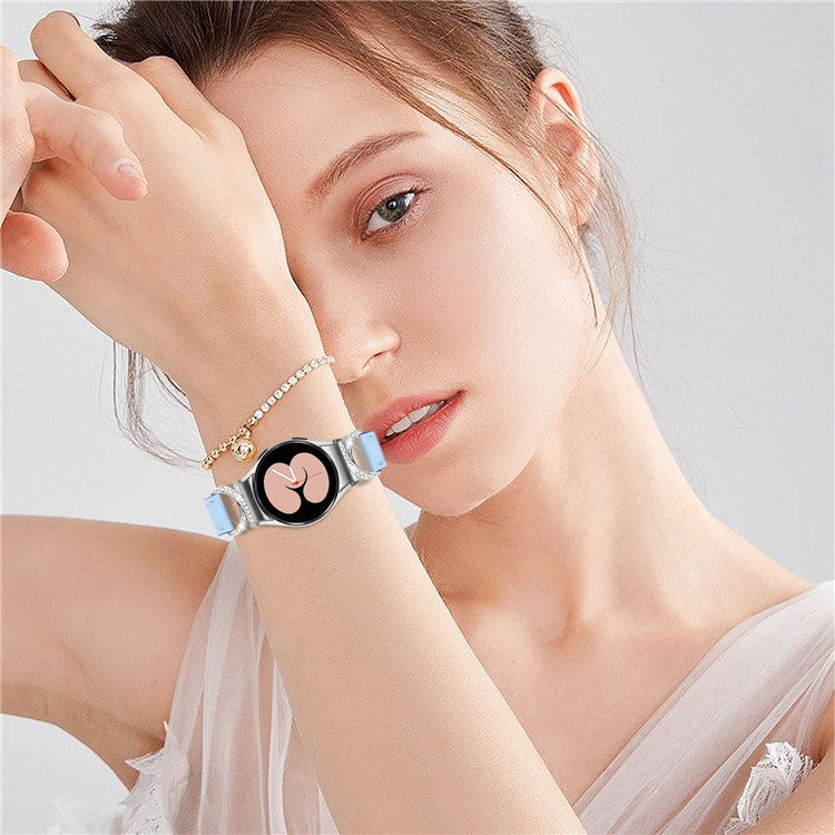 PRAGUS For Samsung Galaxy Watch6 40mm 44mm / Watch6 Classic 43mm 47mm / Watch 5 40mm 44mm / Watch4 40mm 44mm Replacement Split Leather Strap Rhinestone D-shape Connector Wrist Band with Silver Buckle - Blue