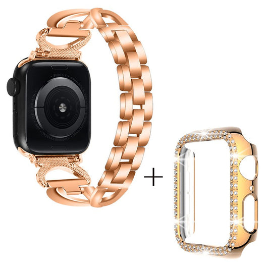 PRAGUS For Apple Watch Ultra 49mm Rhinestones Wrist Band X-shape Alloy Strap + PC Anti-drop Watch Case - Rose Gold