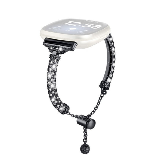 PRAGUS For Fitbit Versa 4 / Sense 2 Bracelets Band Rhinestone Decor Bling Chain Copper Watch Strap - Black