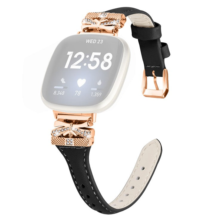 PRAGUS For Rose Gold Buckle Band for Fitbit Versa 3 / 4 / Sense / Sense 2 Genuine Cowhide Leather Watch Strap - Black