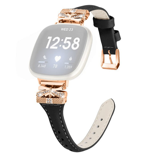 PRAGUS For Rose Gold Buckle Band for Fitbit Versa 3 / 4 / Sense / Sense 2 Genuine Cowhide Leather Watch Strap - Black