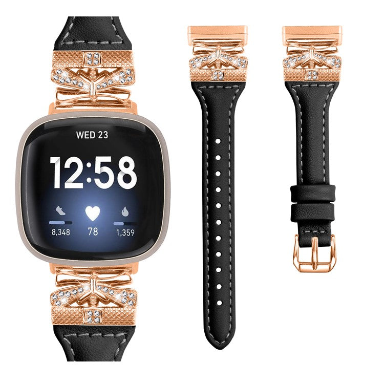 PRAGUS For Rose Gold Buckle Band for Fitbit Versa 3 / 4 / Sense / Sense 2 Genuine Cowhide Leather Watch Strap - Black