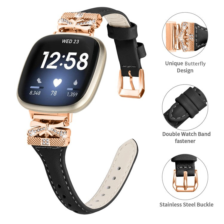 PRAGUS For Rose Gold Buckle Band for Fitbit Versa 3 / 4 / Sense / Sense 2 Genuine Cowhide Leather Watch Strap - Black
