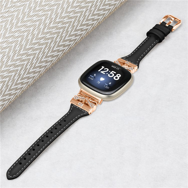 PRAGUS For Rose Gold Buckle Band for Fitbit Versa 3 / 4 / Sense / Sense 2 Genuine Cowhide Leather Watch Strap - Black