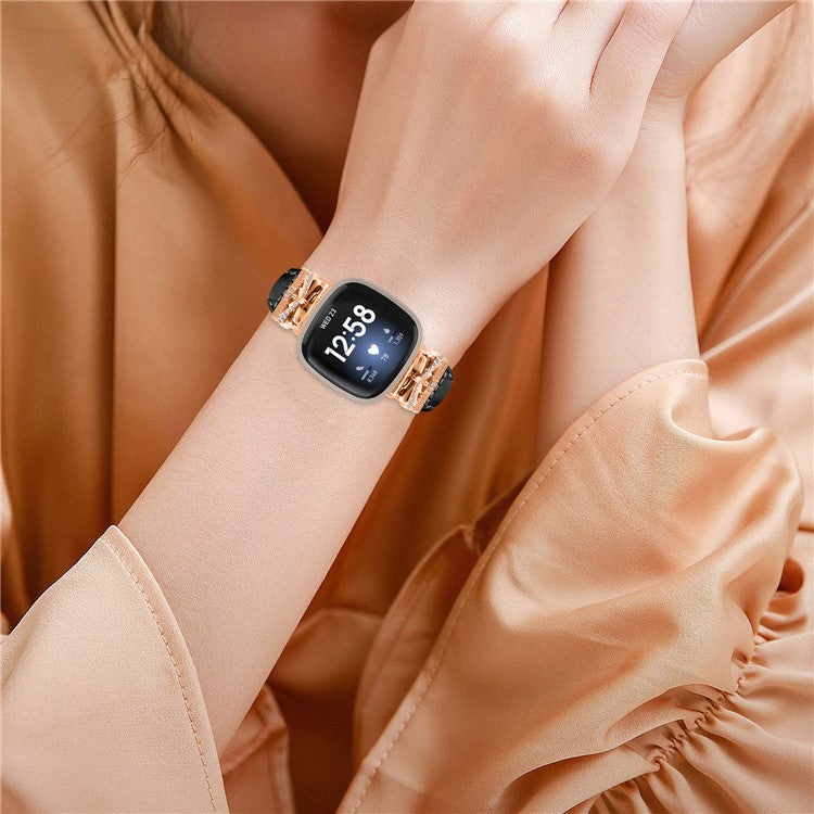 PRAGUS For Rose Gold Buckle Band for Fitbit Versa 3 / 4 / Sense / Sense 2 Genuine Cowhide Leather Watch Strap - Black