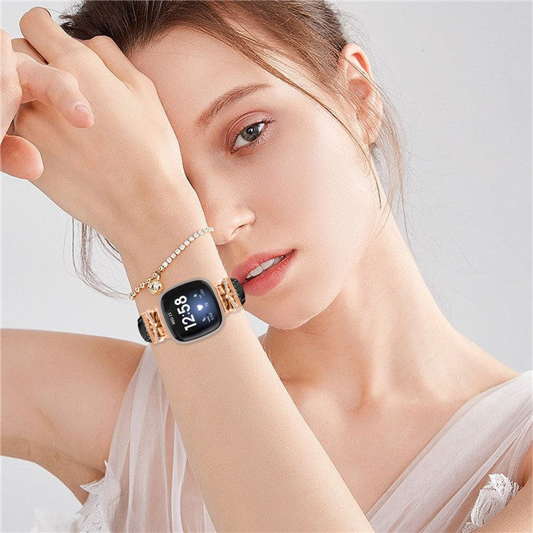 PRAGUS For Rose Gold Buckle Band for Fitbit Versa 3 / 4 / Sense / Sense 2 Genuine Cowhide Leather Watch Strap - Black