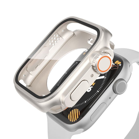 PRAGUS For Waterproof Full Coverage Cover for Apple Watch Series 9 / 8 / 7 45mm , Hard PC Watch Case with Tempered Glass Screen Protector - Starlight Silver