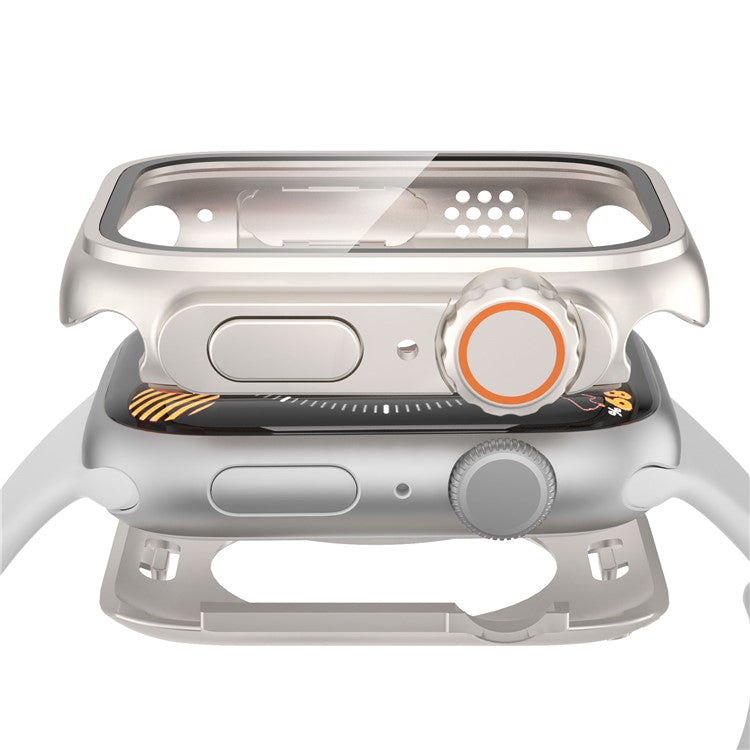 PRAGUS For Waterproof Full Coverage Cover for Apple Watch Series 9 / 8 / 7 45mm , Hard PC Watch Case with Tempered Glass Screen Protector - Starlight Silver