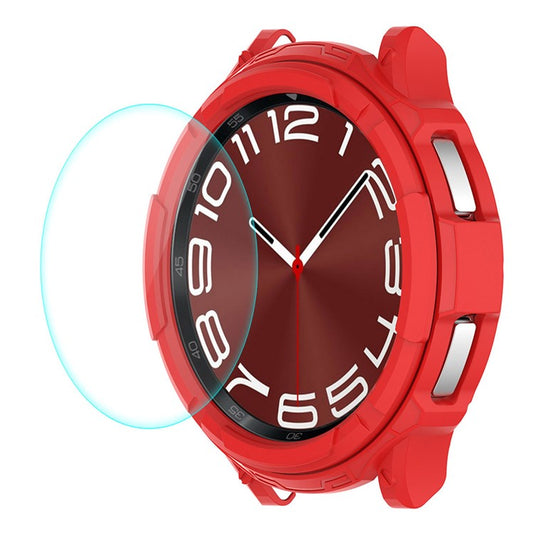 ENKAY HAT PRINCE For Samsung Galaxy Watch6 Classic 43mm Hollow TPU Case Half-Cover Watch Frame with 0.2mm 2.15D 9H Tempered Glass Screen Film - Red