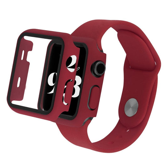 PRAGUS For Apple Watch Series 8 45mm / 7 45mm Soft Silicone Replacement Strap + Hard PC Watch Case with Tempered Glass Screen Protector - Wine Red