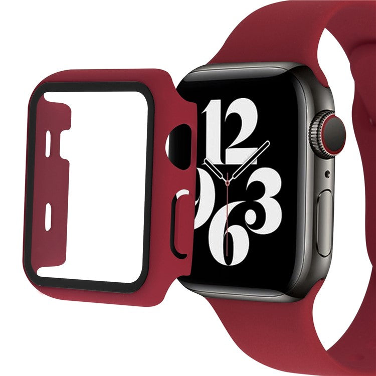 PRAGUS For Apple Watch Series 8 45mm / 7 45mm Soft Silicone Replacement Strap + Hard PC Watch Case with Tempered Glass Screen Protector - Wine Red