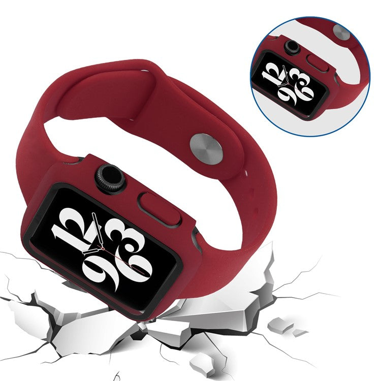PRAGUS For Apple Watch Series 8 45mm / 7 45mm Soft Silicone Replacement Strap + Hard PC Watch Case with Tempered Glass Screen Protector - Wine Red