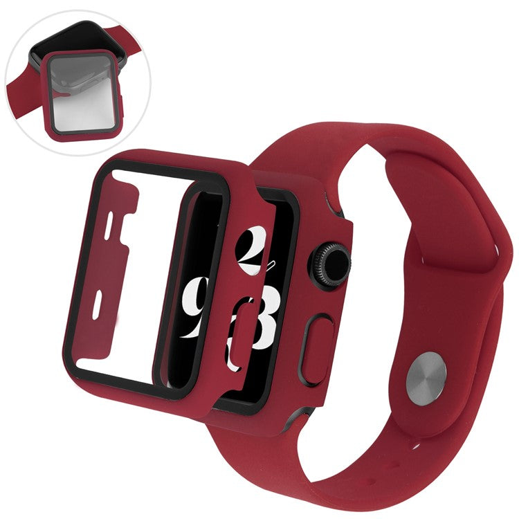 PRAGUS For Apple Watch Series 8 45mm / 7 45mm Soft Silicone Replacement Strap + Hard PC Watch Case with Tempered Glass Screen Protector - Wine Red