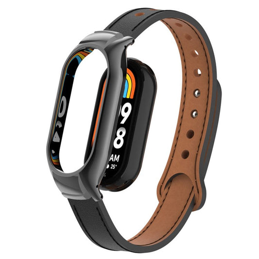 For Xiaomi Smart Band 8 Microfiber Leather Watch Band Soft Strap with Metal Frame Case - Black