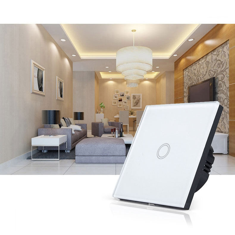 86mm 1 Gang Tempered Glass Panel Wall Switch Smart Home Light Touch Switch with RF433 Remote Controller, AC 110V-240V(Gold)