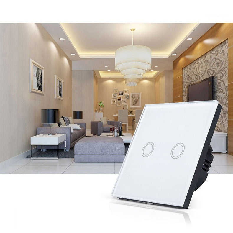 86mm 2 Gang Tempered Glass Panel Wall Switch Smart Home Light Touch Switch with RF433 Remote Controller, AC 110V-240V(White)