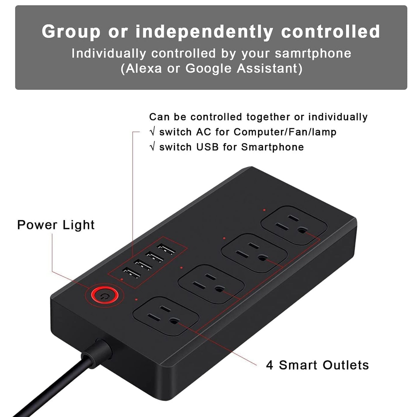 WiFi 10A SM-SO301-U 2500W 4 Holes + 4 USB Smart Power Strip, US Plug(Black)