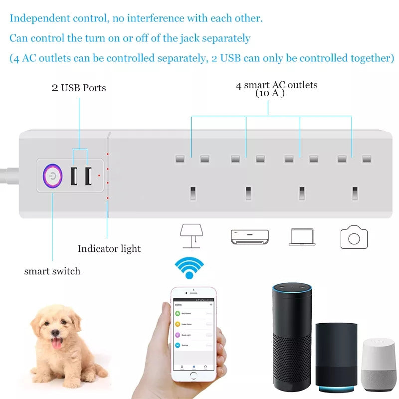 WiFi 10A SM-SO306-K 4 Holes + 2 USB Multi-purpose Smart Power Strip, UK Plug