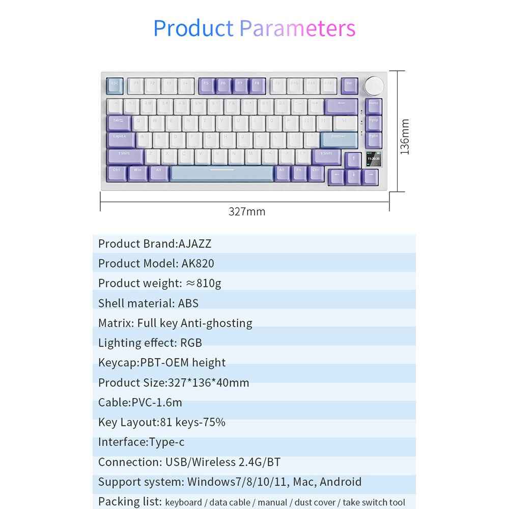 AK820pro Wireless Mechanical Keyboard Bluetooth-compatible Tri-Mode with Flying Fish Switches 81 Keys RGB Backlit Keyboard - Black  /  Grey  /  Yellow