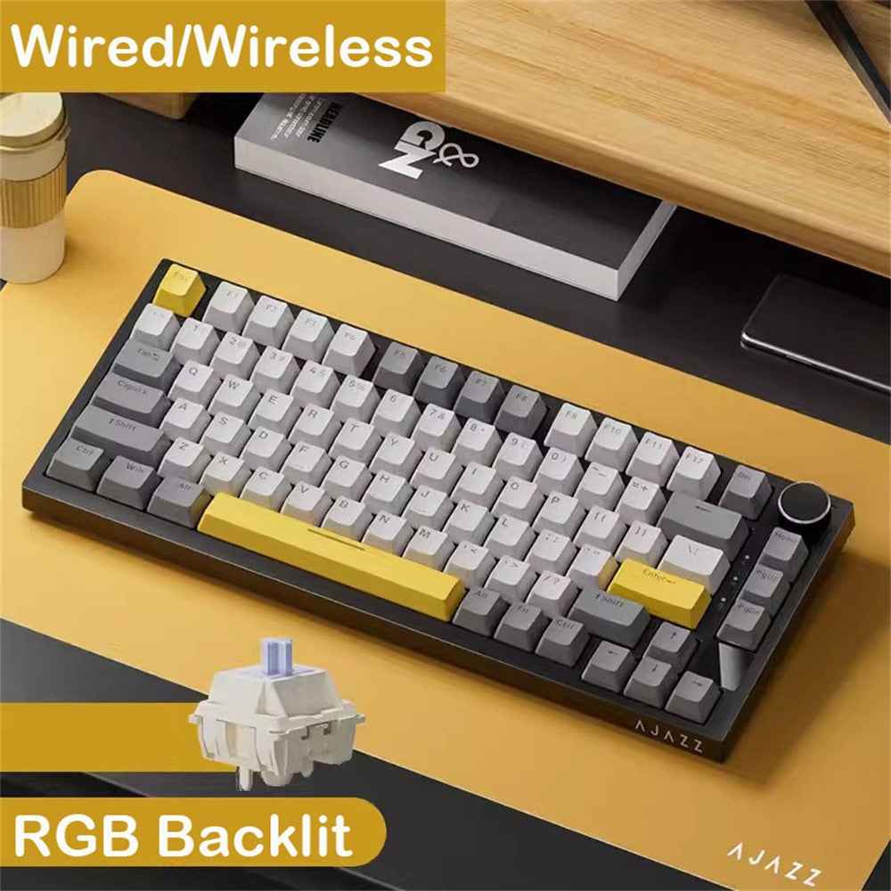 AK820pro Wireless Mechanical Keyboard Bluetooth-compatible Tri-Mode with Flying Fish Switches 81 Keys RGB Backlit Keyboard - Black  /  Grey  /  Yellow