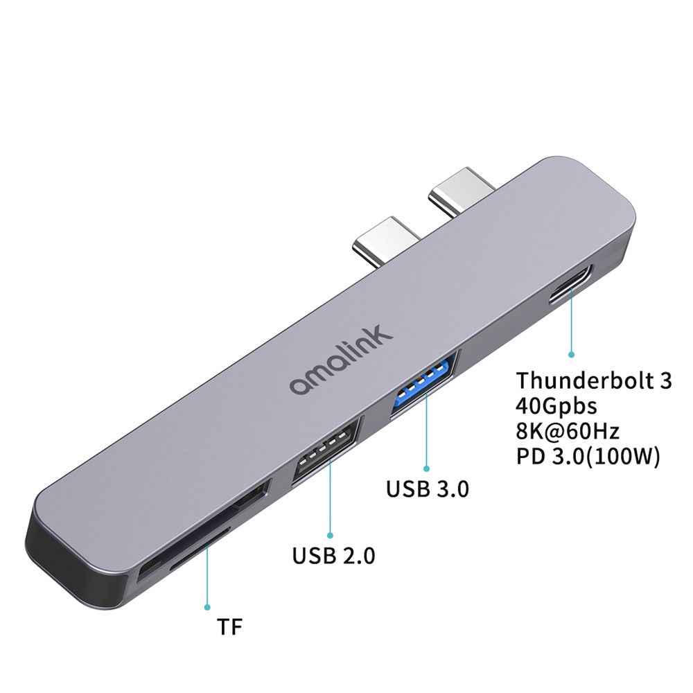 AL-9177D Multi-port Hub Dual Type C to Thunderbolt 3 USB 2.0 3.0 Converter TF Card Reader Adapter