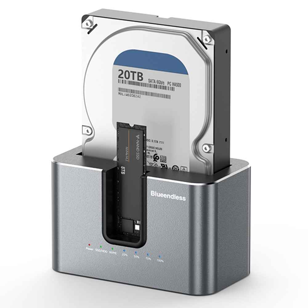 HD01N Dual Bay 2.5 / 3.5 Inch HDD SSD Docking Station M.2 NVMe SATA Offline Clone USB 3.2 Storage Converter - EU Plug