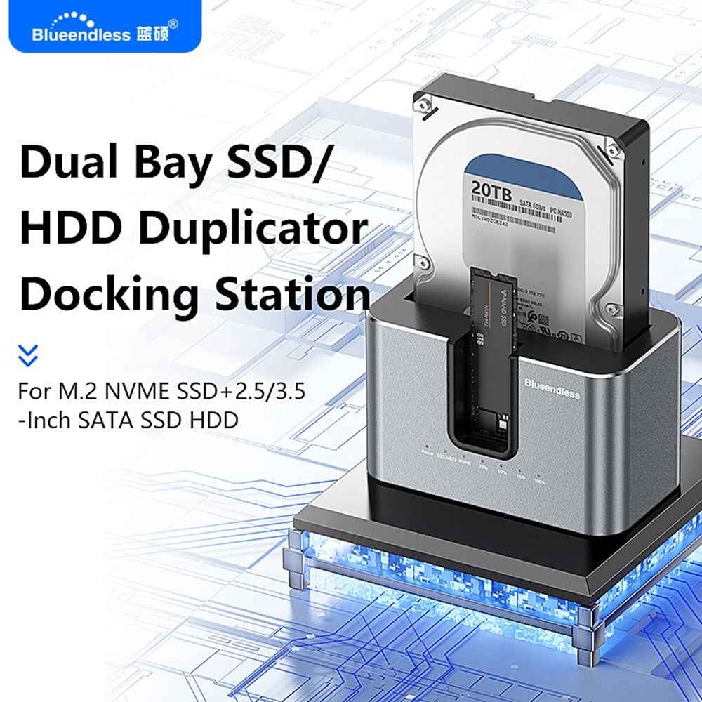 HD01N Dual Bay 2.5 / 3.5 Inch HDD SSD Docking Station M.2 NVMe SATA Offline Clone USB 3.2 Storage Converter - EU Plug