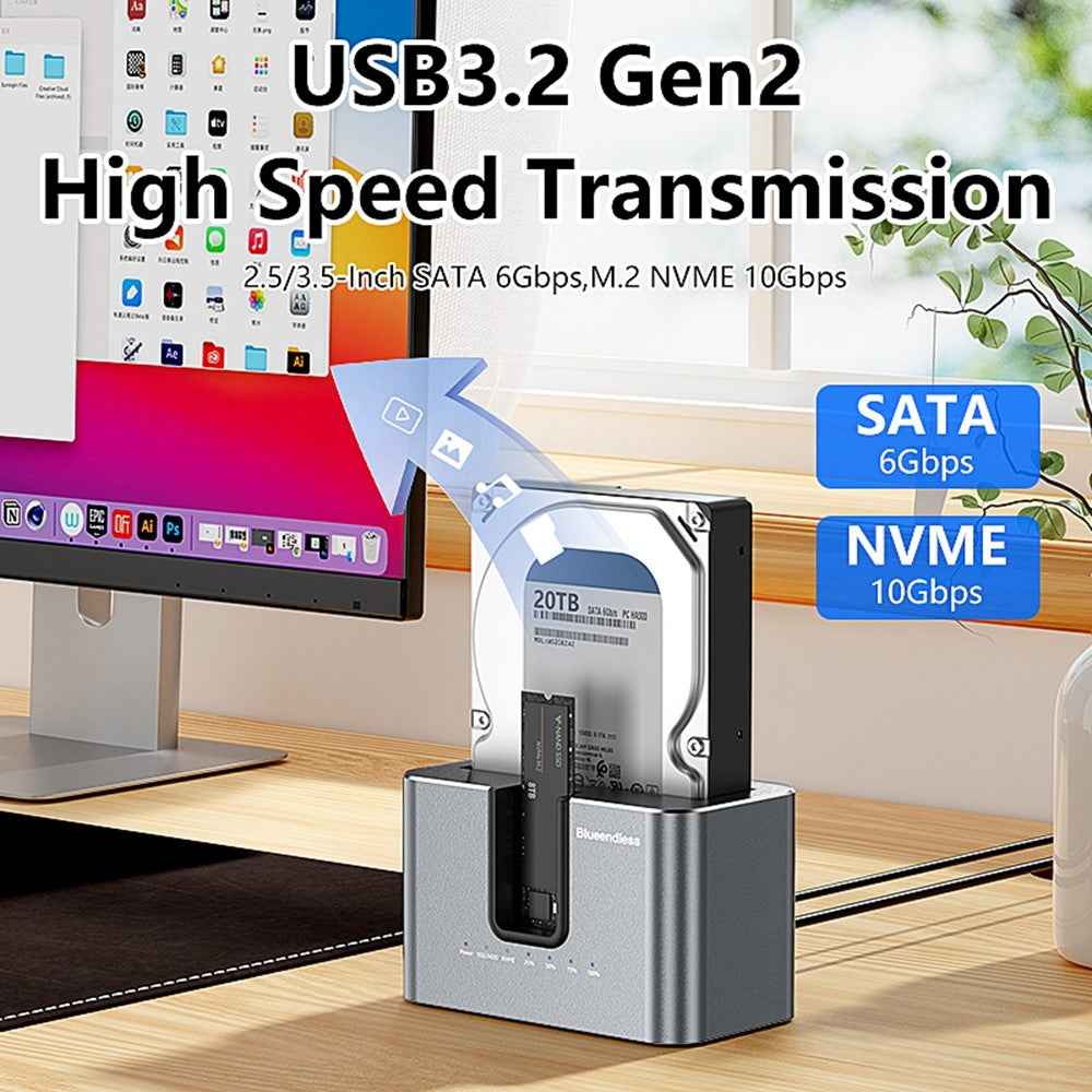 HD01N Dual Bay 2.5 / 3.5 Inch HDD SSD Docking Station M.2 NVMe SATA Offline Clone USB 3.2 Storage Converter - EU Plug