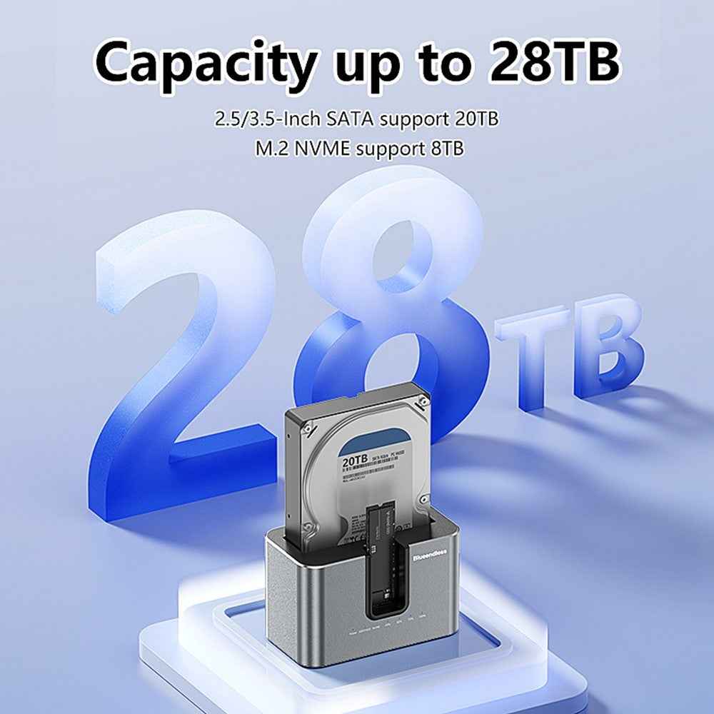 HD01N Dual Bay 2.5 / 3.5 Inch HDD SSD Docking Station M.2 NVMe SATA Offline Clone USB 3.2 Storage Converter - EU Plug
