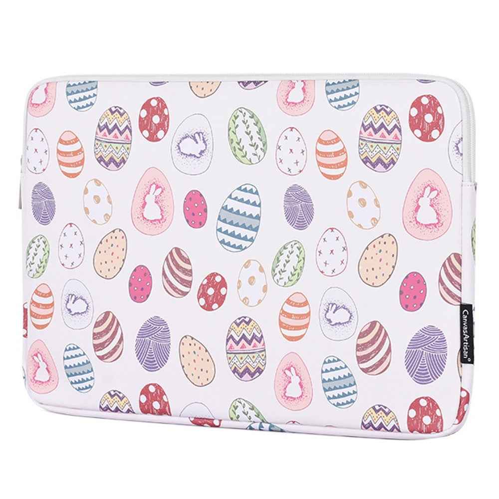 G52-T0111 2Pcs/Set 14-inch Notebook Carrying Bag with Small Bag Easter Bunny and Eggs Pattern PU Laptop Sleeve