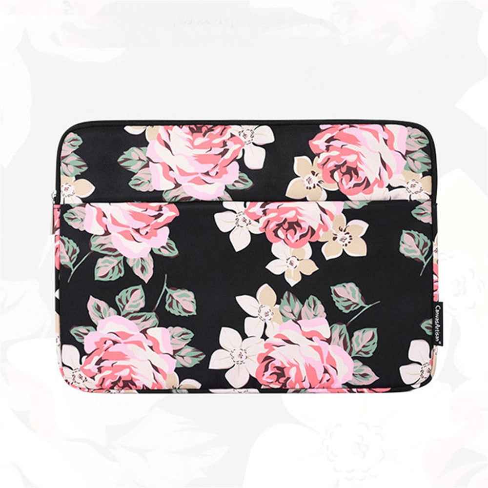 H40-11 Protective Carrying Case Portable Sleeve Bag for 13-inch Laptops Rose Pattern Printed Storage Bag with Outer Pouch - Black