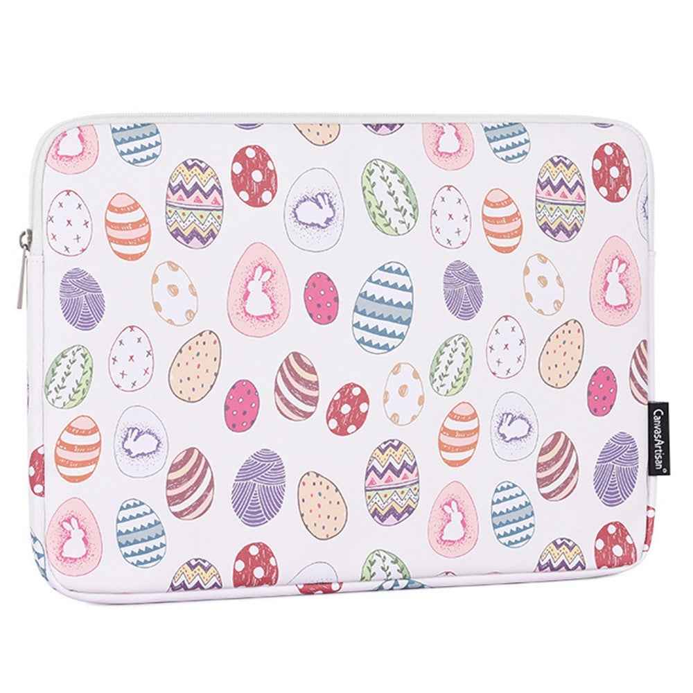 G52-T0111 2Pcs/Set 14-inch Notebook Carrying Bag with Small Bag Easter Bunny and Eggs Pattern PU Laptop Sleeve
