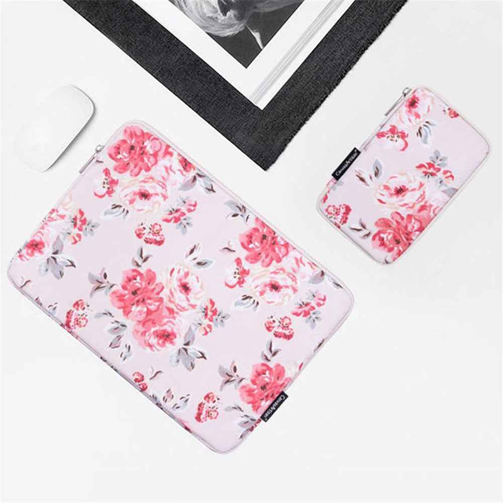 H10-T0121 Notebook PC Carrying Case Watercolor Flower Pattern Protective Laptop Sleeve with Small Bag - White/for 15-inch Laptop