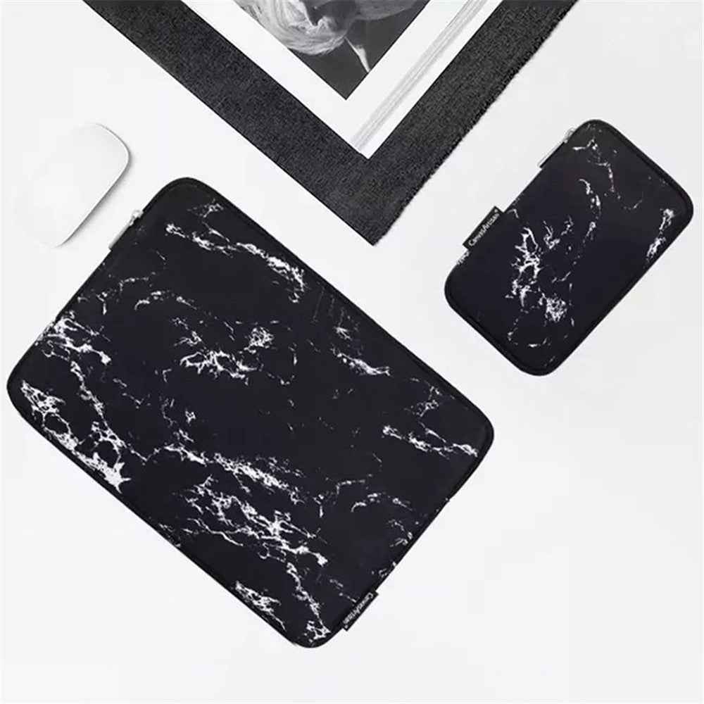 H32-T0121 Marble Pattern Zipper Closure Laptop Carrying Bag Notebook Protective Sleeve with Small Bag - Black/for 13-inch Laptop