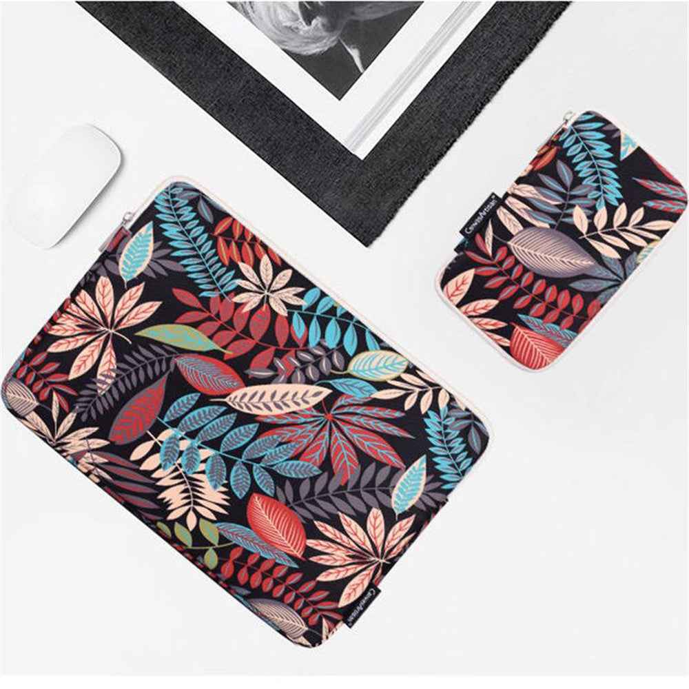 H30-T0121 Leaves Printed Ultra-thin Protective Laptop Sleeve Zipper Notebook PC Bag with Small Bag - Beige/for 14-inch Laptop