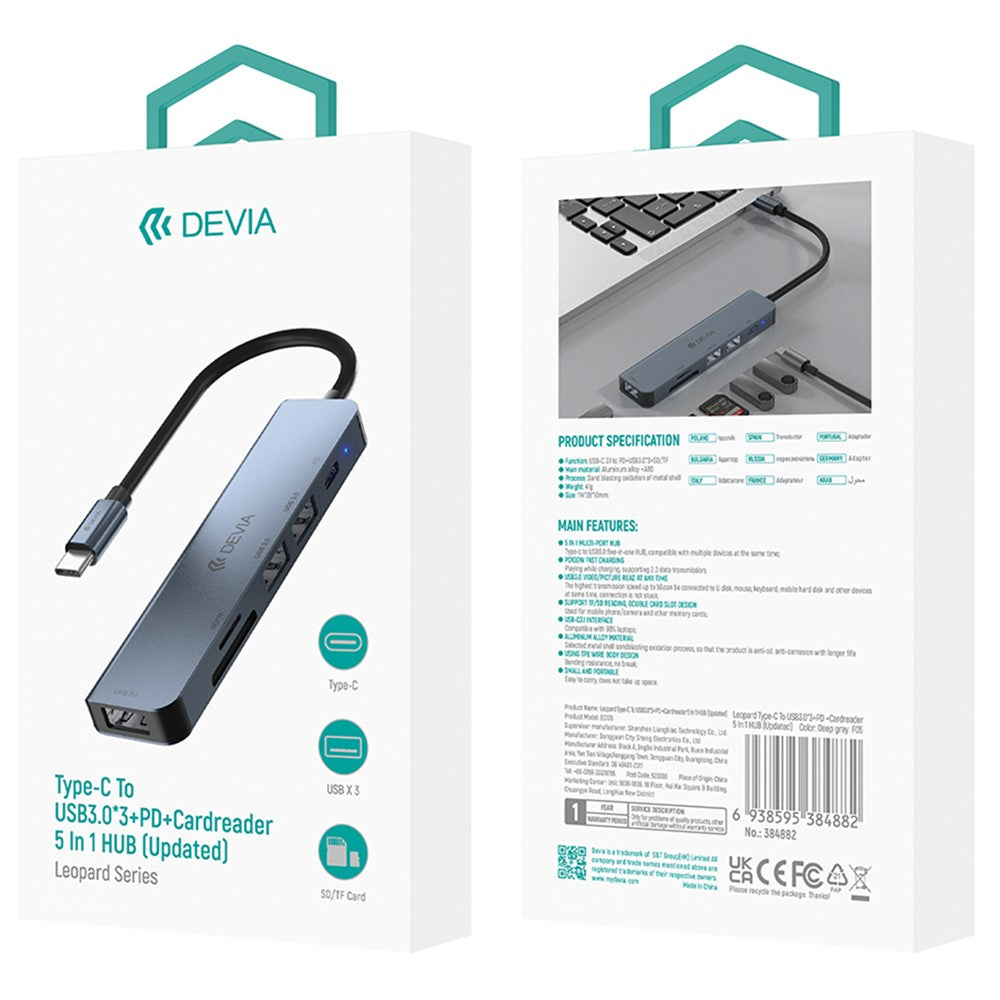 EC135-Leopard-Series-5-in-1-Type-C-Hub-Adapter-USB-C-3.1-to-PD+USB3.0*3+SD-/-TF-Docking-Station-(Upgraded)